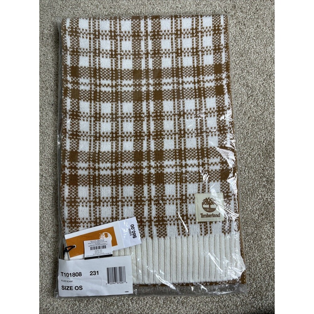 NWT $60 Timberland Unisex Buffalo Plaid Scarf Beige Acrylic‎ One Size